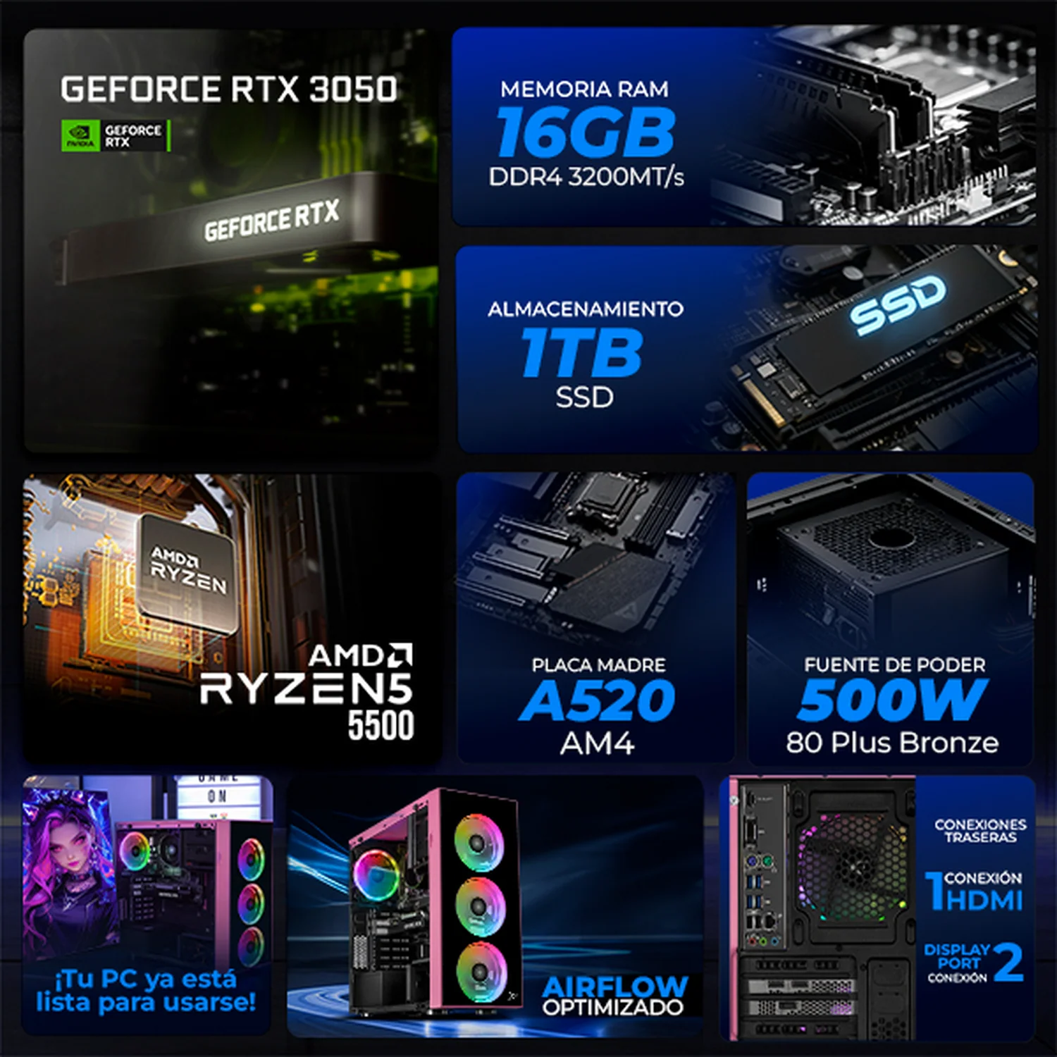 Computadora Gamer Completa IA Xtreme PC Gaming NVIDIA GeForce RTX 3050 AMD Ryzen 5 5500 16GB SSD 1TB Monitor 23.8 144Hz WIFI Pink Rendimiento Inteligente con IA - Image 3