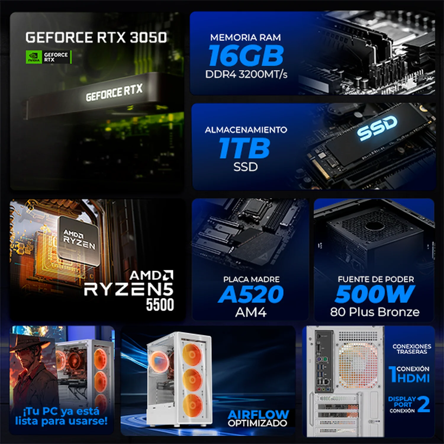 Computadora Gamer Completa IA Xtreme PC Gaming NVIDIA GeForce RTX 3050 AMD Ryzen 5 5500 16GB SSD 1TB Monitor 23.8 144Hz WIFI White Rendimiento Inteligente con IA - Image 3