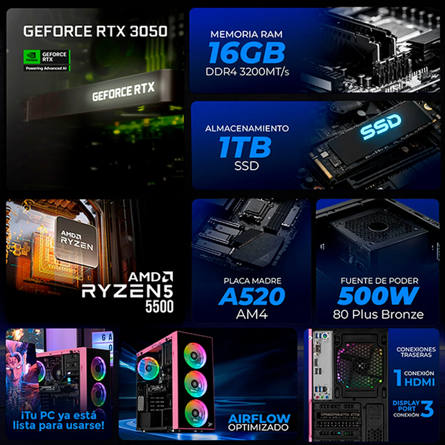 Computadora Gamer Xtreme PC Gaming NVIDIA GeForce RTX 3050 AMD Ryzen 5 5500 16GB SSD 1TB WIFI Pink gaming estable en calidad media - Image 3