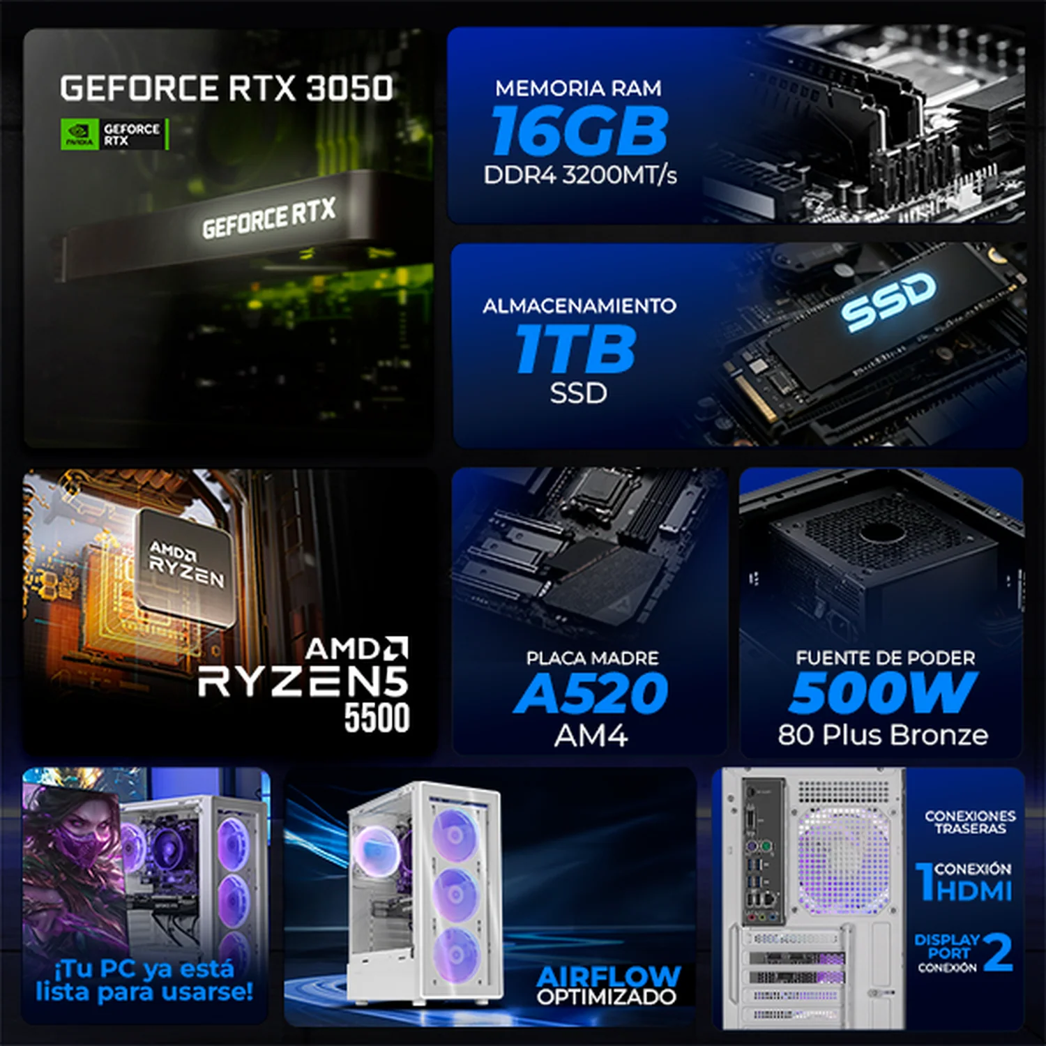 Computadora Gamer IA Xtreme PC Gaming NVIDIA GeForce RTX 3050 AMD Ryzen 5 5500 16GB SSD 1TB WIFI White Rendimiento Inteligente con IA - Image 3