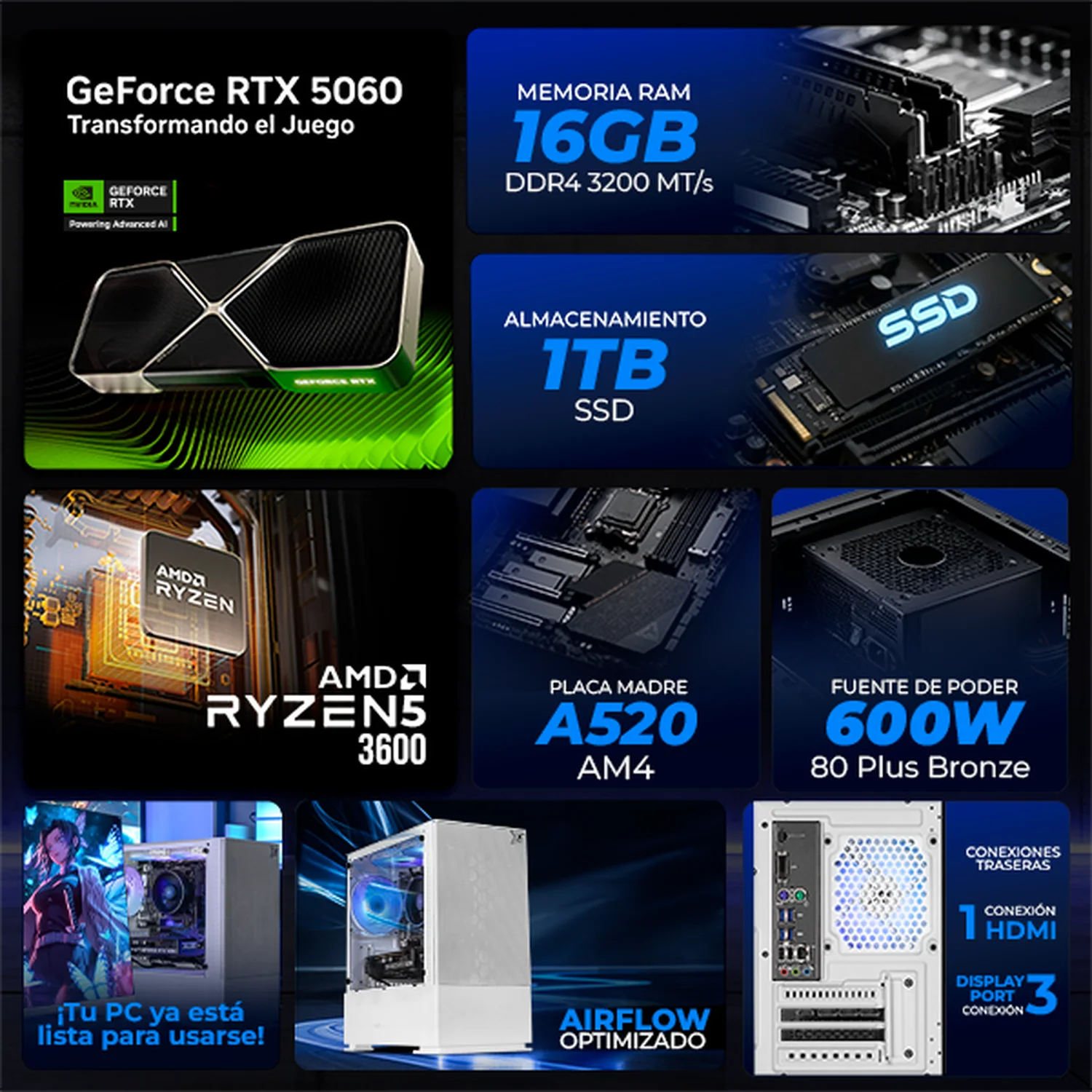 PC Gamer IA Xtreme PC Gaming NVIDIA GeForce RTX 5060 AMD Ryzen 5 3600 16GB SSD 1TB WIFI Productividad Versátil Acelerada con IA White - Image 3