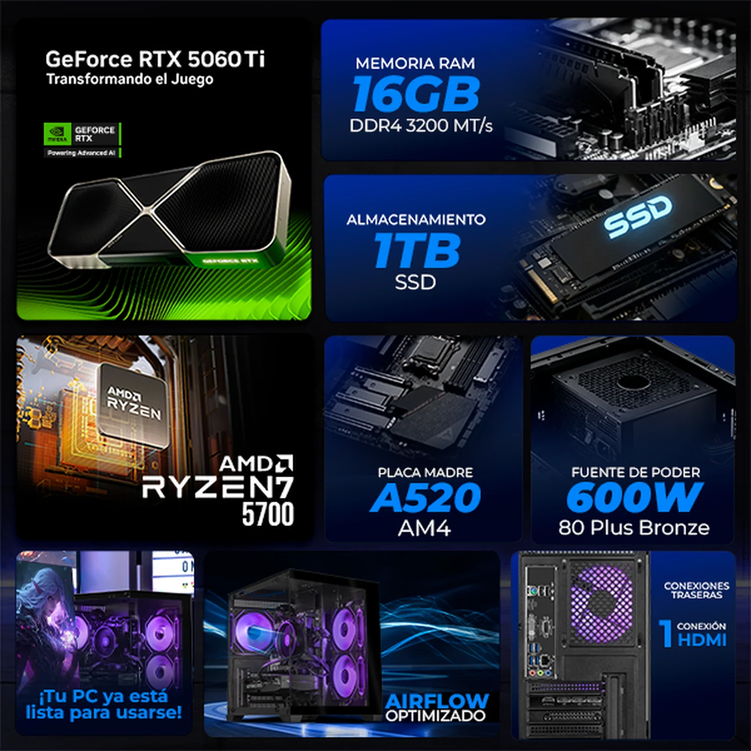 PC Gamer Completa IA Xtreme PC Gaming NVIDIA GeForce RTX 5060 Ti AMD Ryzen 7 5700 16GB SSD 1TB Monitor Curvo 31.5 180Hz WIFI Black Productividad Versátil Acelerada con IA - Image 3