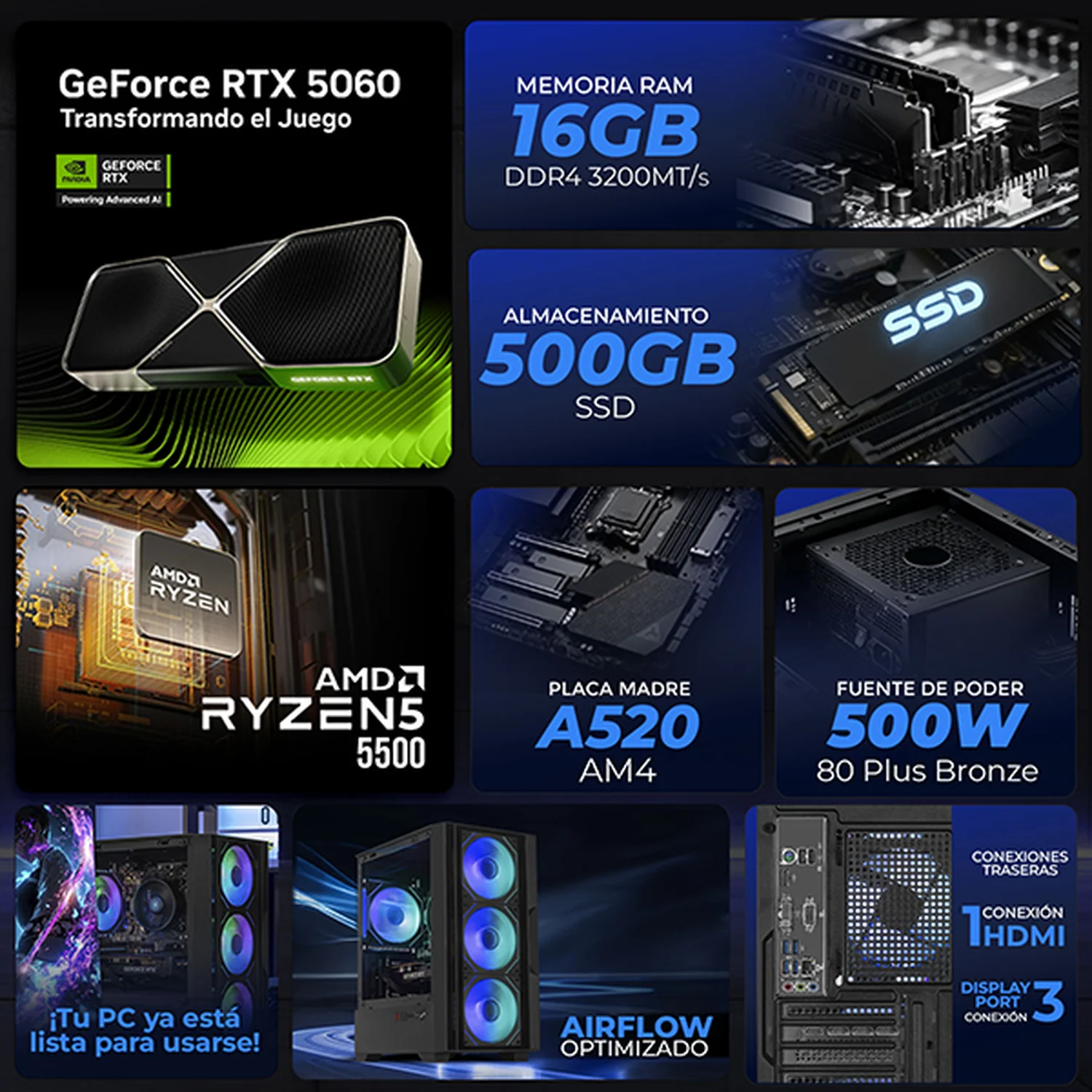 PC Gamer Completa IA Xtreme PC Gaming NVIDIA GeForce RTX 5060 AMD Ryzen 5 5500 16GB SSD 500GB Monitor 23.8 165Hz WIFI Black Productividad Versátil Acelerada con IA - Image 3