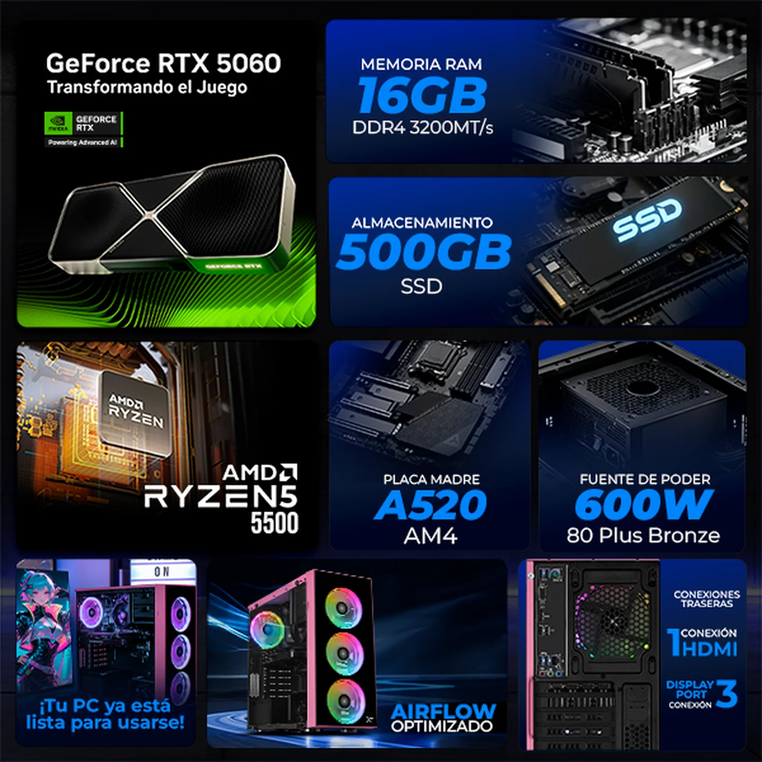 PC Gamer Completa IA Xtreme PC Gaming NVIDIA GeForce RTX 5060 AMD Ryzen 5 5500 16GB SSD 500B Monitor 23.8 165Hz WIFI Pink Productividad Versátil Acelerada con IA - Image 3