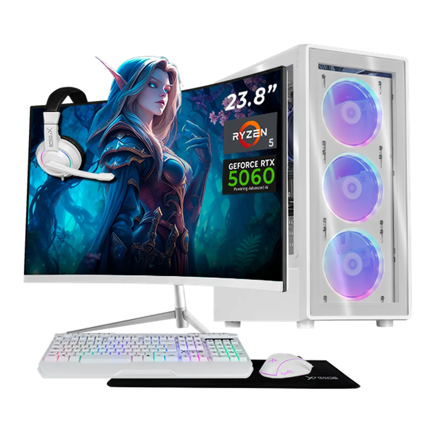 PC Gamer IA Xtreme PC Gaming NVIDIA GeForce RTX 5060 AMD Ryzen 5 5500 16GB SSD 500GB Monitor Curvo 23.8 165Hz WIFI White Productividad Versátil Acelerada con IA