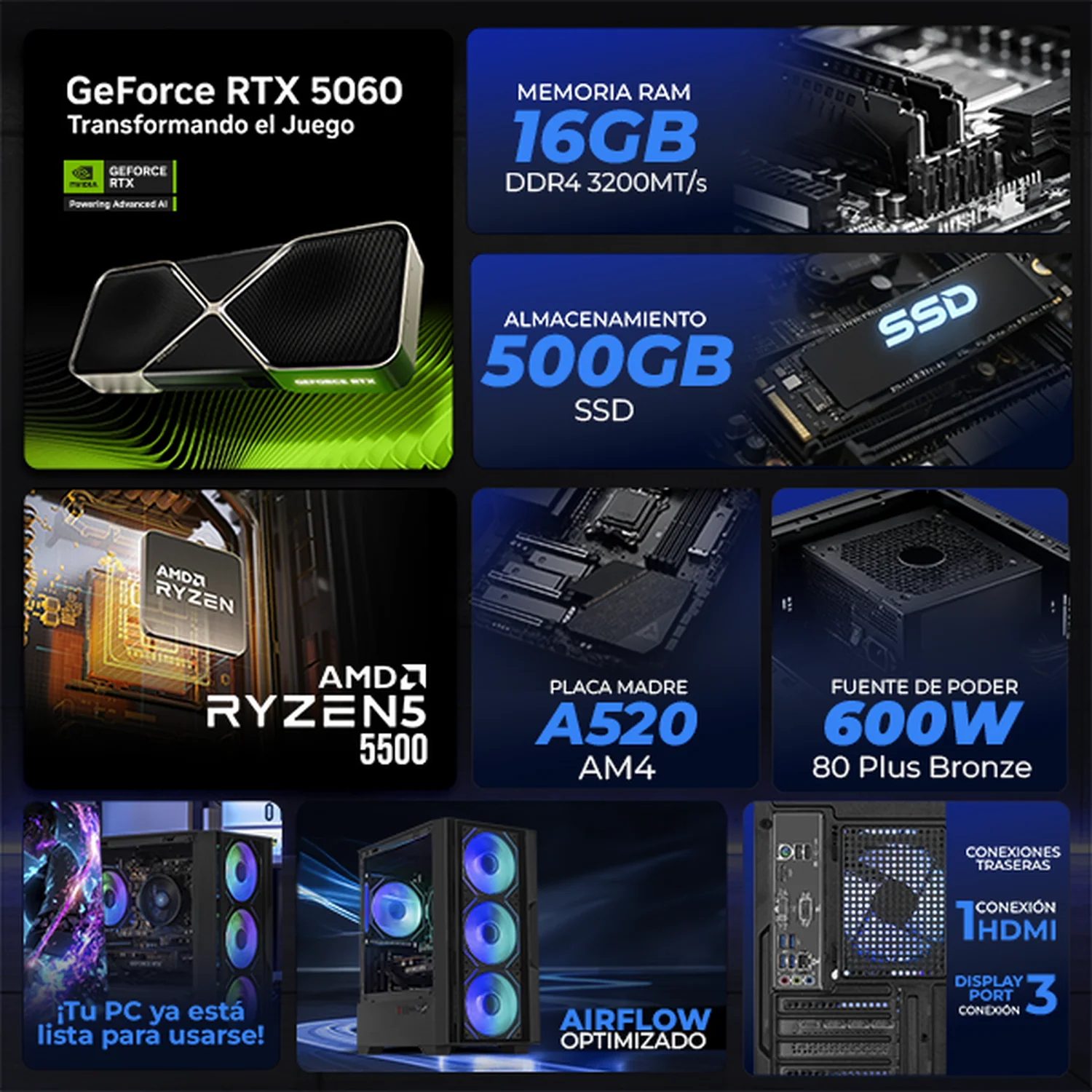 PC Gamer IA Xtreme PC Gaming NVIDIA GeForce RTX 5060 AMD Ryzen 5 5500 16GB SSD 500GB WIFI Black Productividad Versátil Acelerada con IA - Image 3