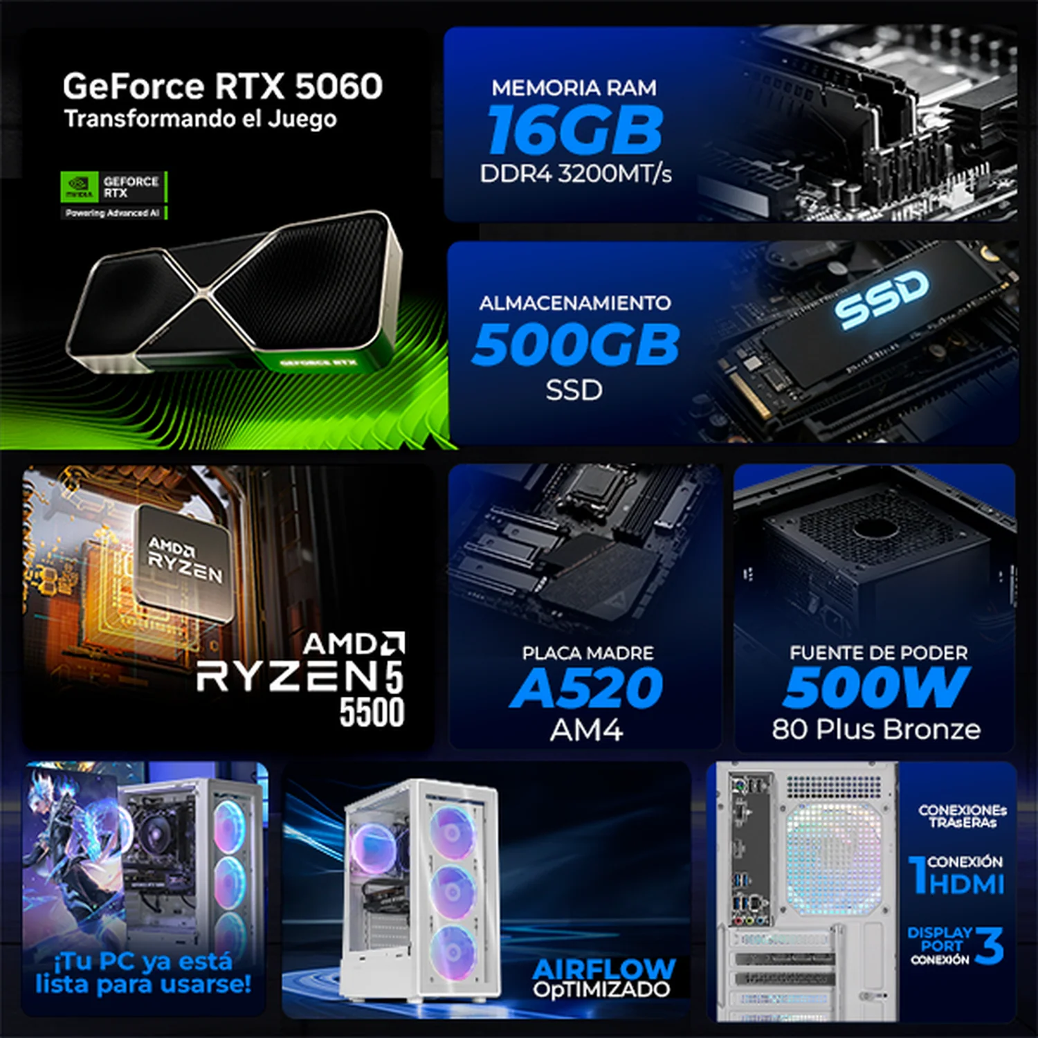PC Gamer IA Xtreme PC Gaming NVIDIA GeForce RTX 5060 AMD Ryzen 5 5500 16GB SSD 500GB WIFI White Productividad Versátil Acelerada con IA - Image 3