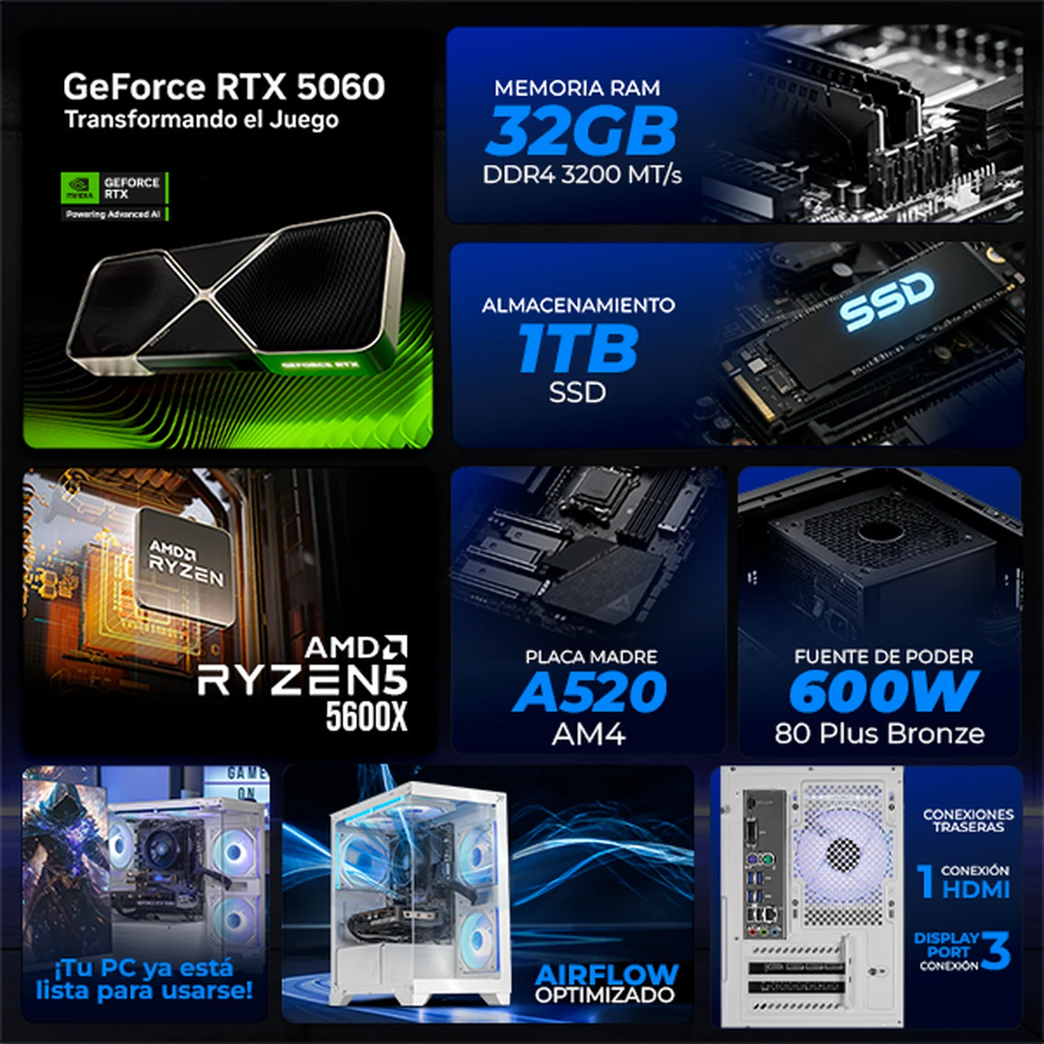 PC Gamer IA Xtreme PC Gaming NVIDIA GeForce RTX 5060 AMD Ryzen 5 5600X 32GB SSD 1TB WIFI White Productividad Versátil Acelerada con IA - Image 3