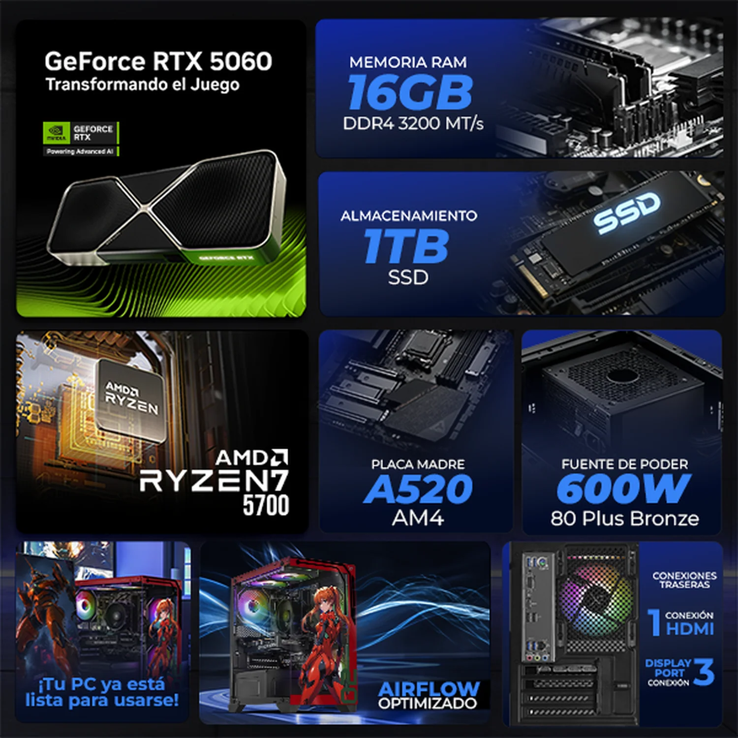 PC Gamer Xtreme PC Gaming NVIDIA GeForce RTX 5060 AMD Ryzen 7 5700 16GB SSD 1TB WIFI Evangelion 02 gaming 1080p, estudios y multitarea - Image 3