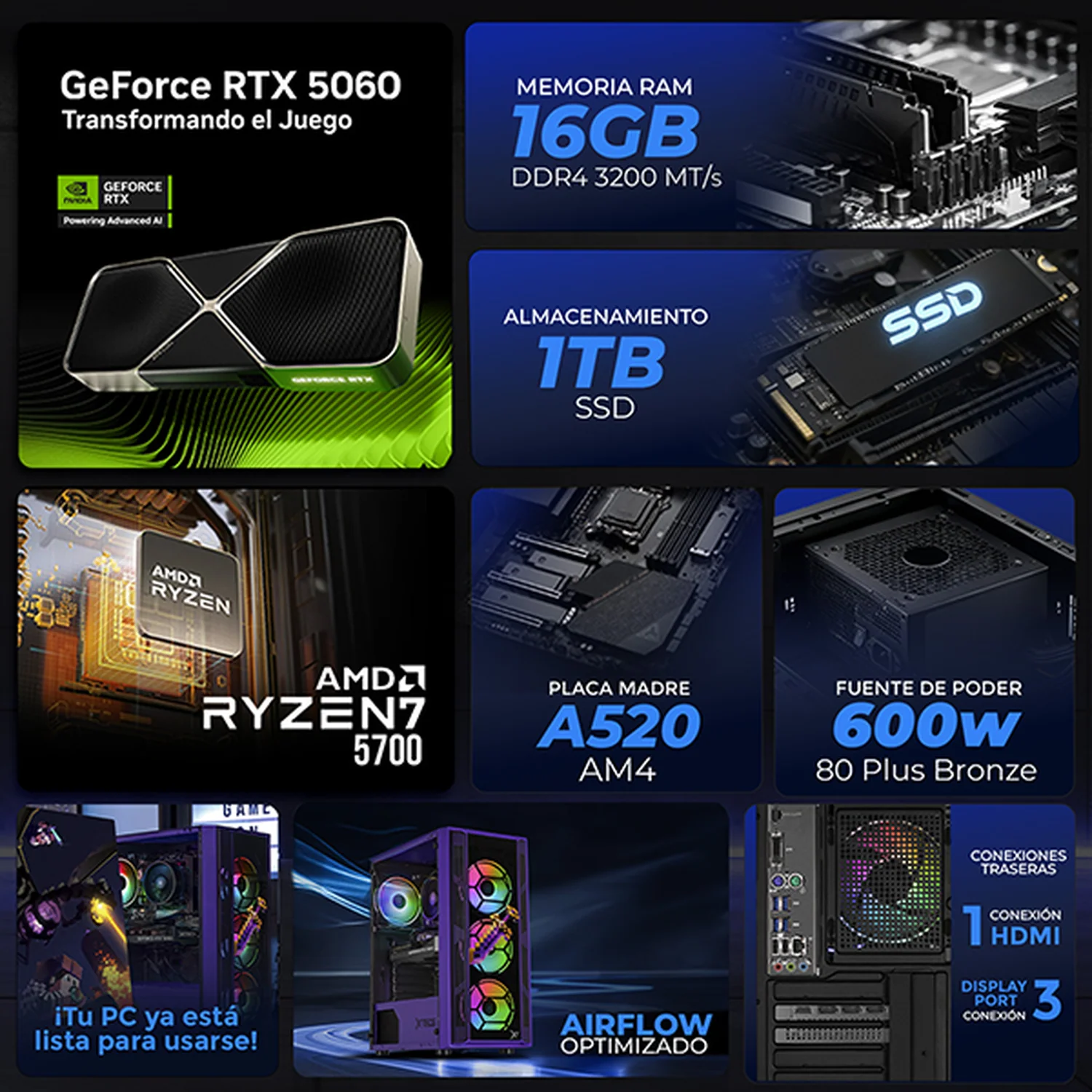 PC Gamer IA Xtreme PC Gaming NVIDIA GeForce RTX 5060 AMD Ryzen 7 5700 16GB SSD 1TB WIFI Minecraft Ender Dragon Productividad Versátil Acelerada con IA - Image 3