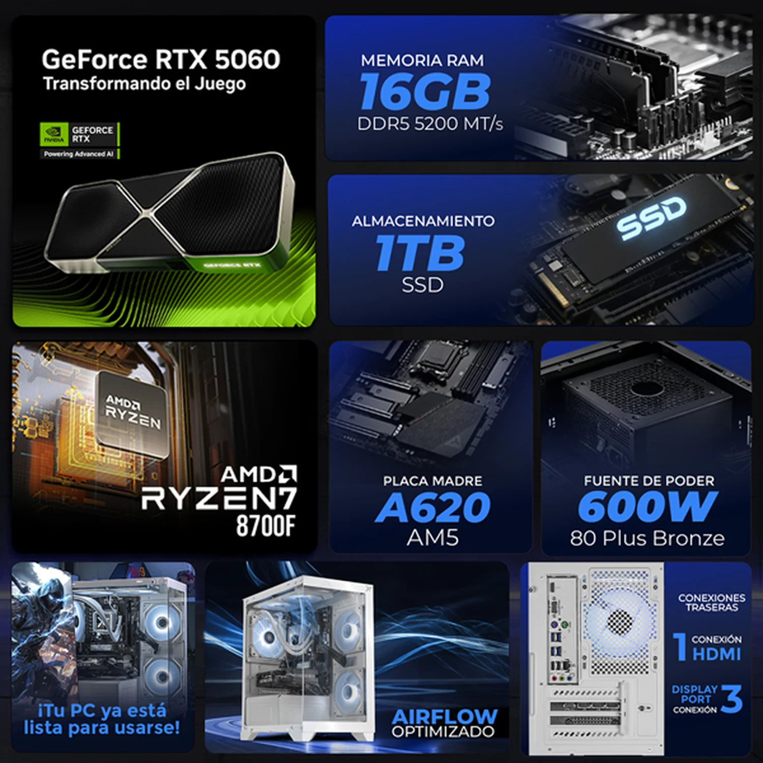 PC Gamer IA Xtreme PC Gaming NVIDIA GeForce RTX 5060 AMD Ryzen 7 8700F 16GB DDR5 SSD 1TB Sistema Liquido WIFI White Productividad Versátil Acelerada con IA - Image 3
