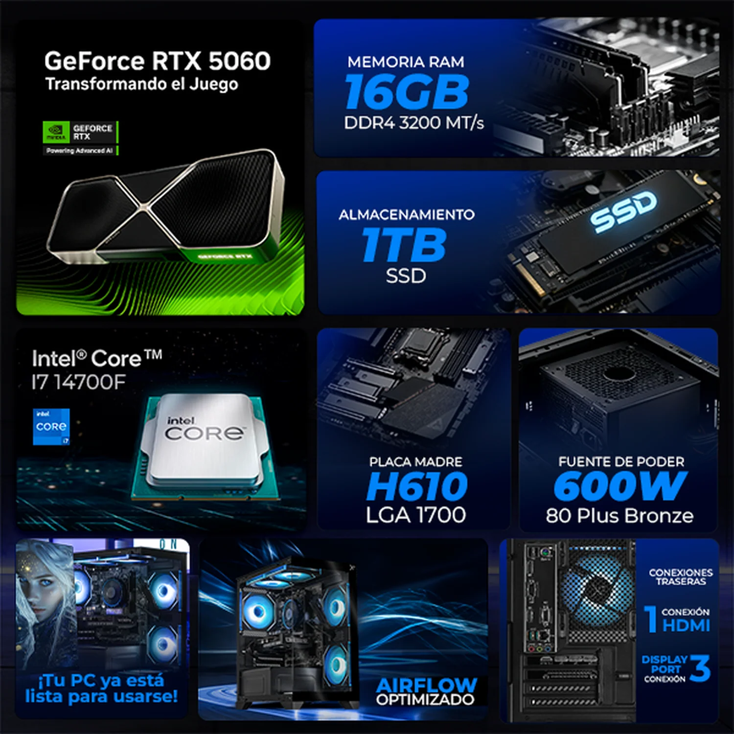 PC Gamer IA Xtreme PC Gaming NVIDIA GeForce RTX 5060 Intel Core i7 14700F 16GB SSD 1TB WIFI Black Productividad Versátil Acelerada con IA - Image 3
