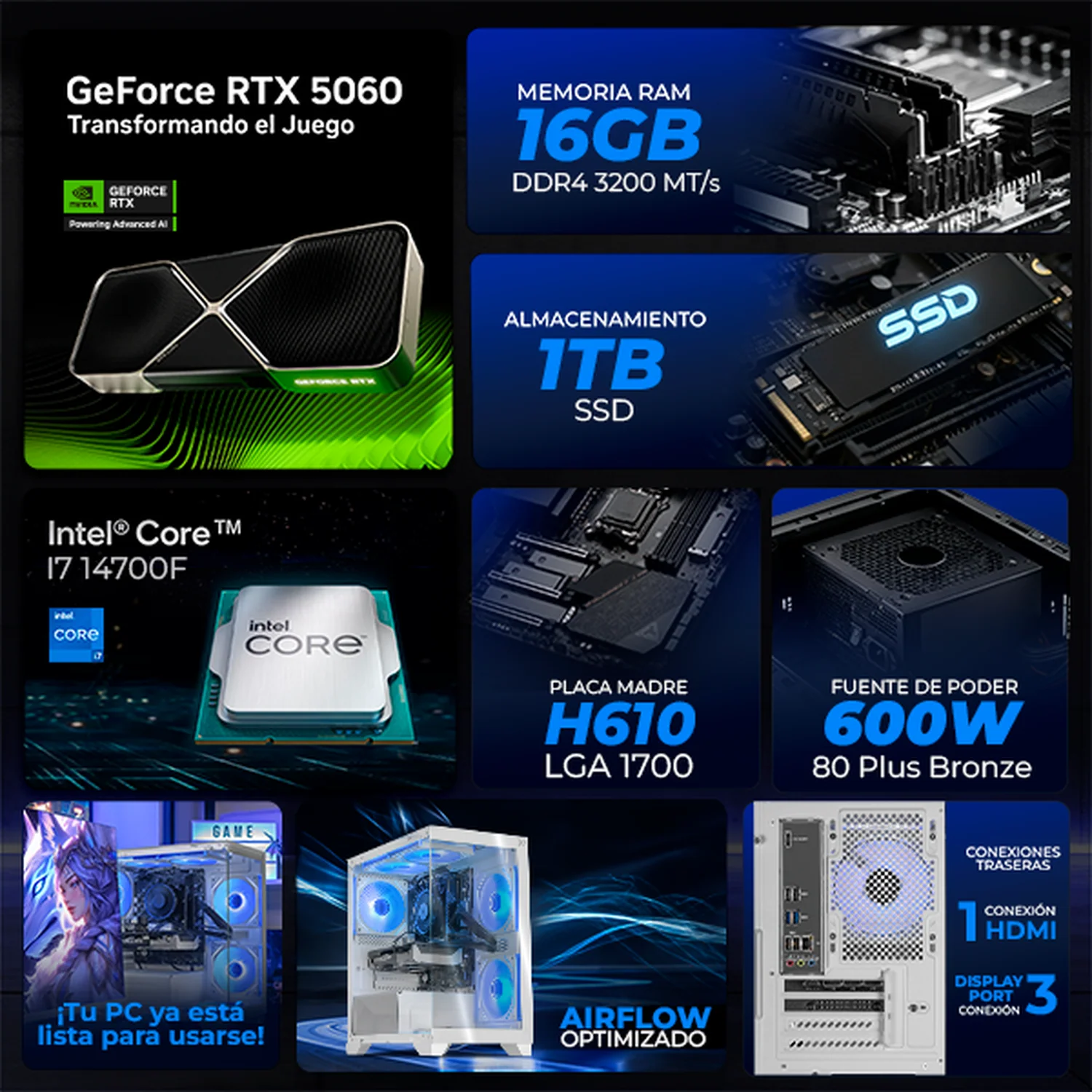 PC Gamer IA Xtreme PC Gaming NVIDIA GeForce RTX 5060 Intel Core i7 14700F 16GB SSD 1TB WIFI White Productividad Versátil Acelerada con IA - Image 3