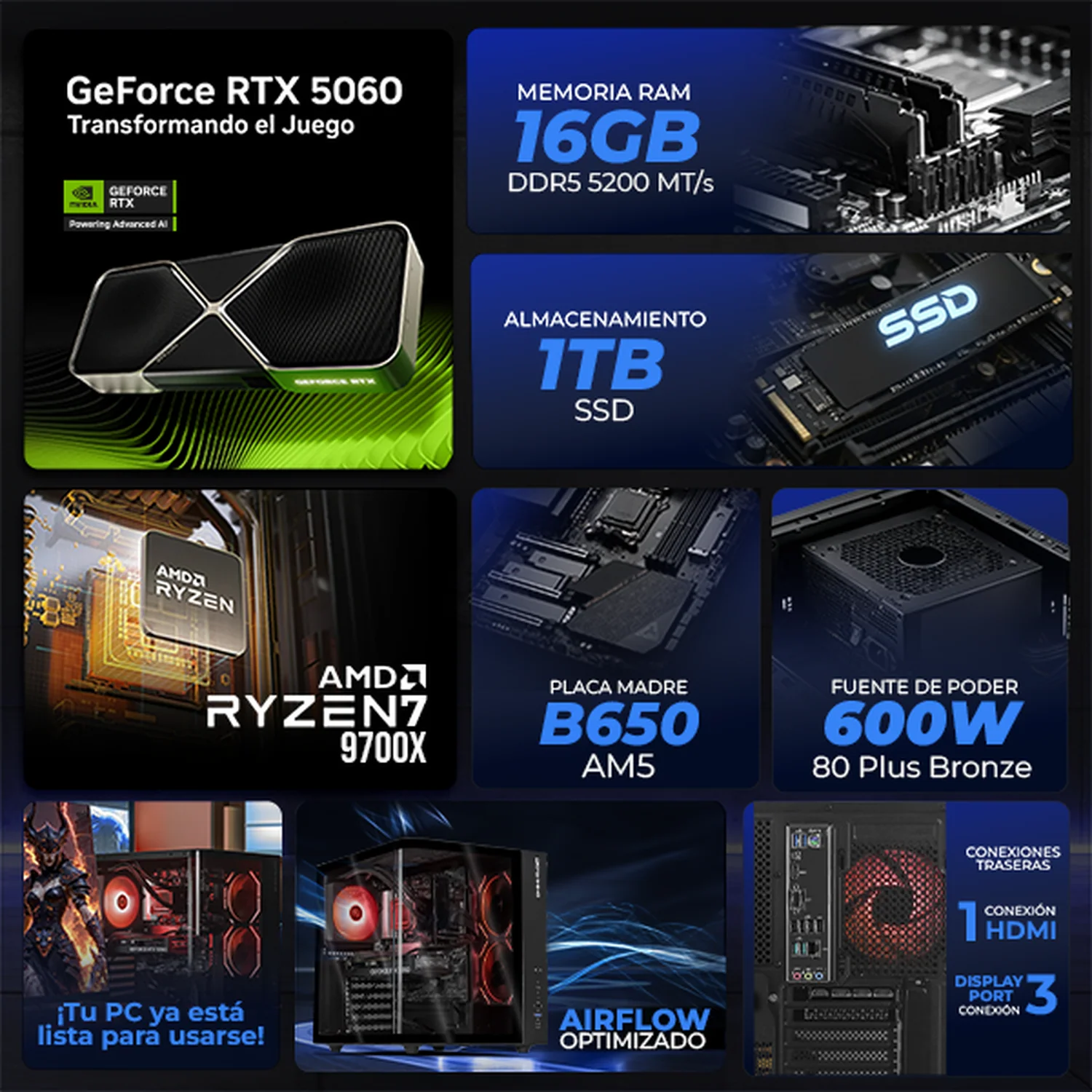PC Gamer Xtreme PC Gaming NVIDIA GeForce RTX 5060 AMD Ryzen 7 9700X 16GB DDR5 SSD 1TB Sistema Liquido WIFI Black gaming 1080p, estudios y multitarea - Image 3