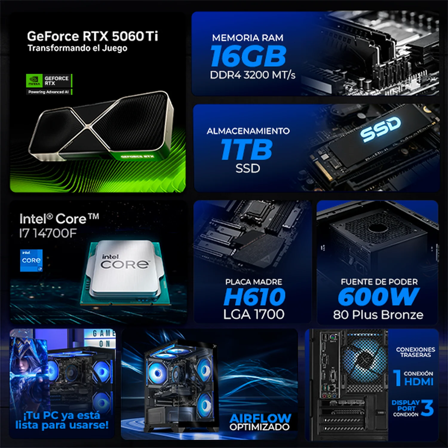 PC Gamer IA Xtreme PC Gaming NVIDIA GeForce RTX 5060 Ti Intel Core i7 14700F 16GB SSD 1TB WIFI Black Productividad Versátil Acelerada con IA - Image 3