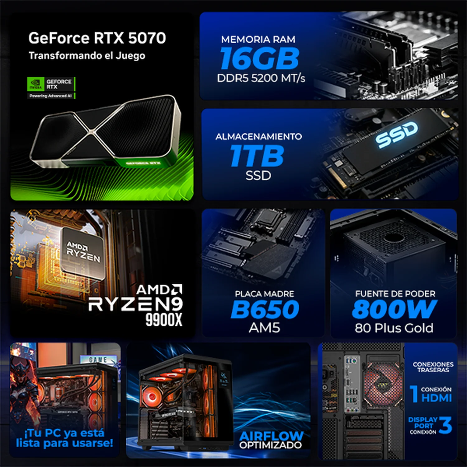PC Gamer IA Xtreme PC Gaming NVIDIA GeForce RTX 5070 AMD Ryzen 9 9900X 16GB DDR5 SSD 1TB Sistema Liquido WIFI Black Alto Desempeño Creativo con IA Integrada - Image 3