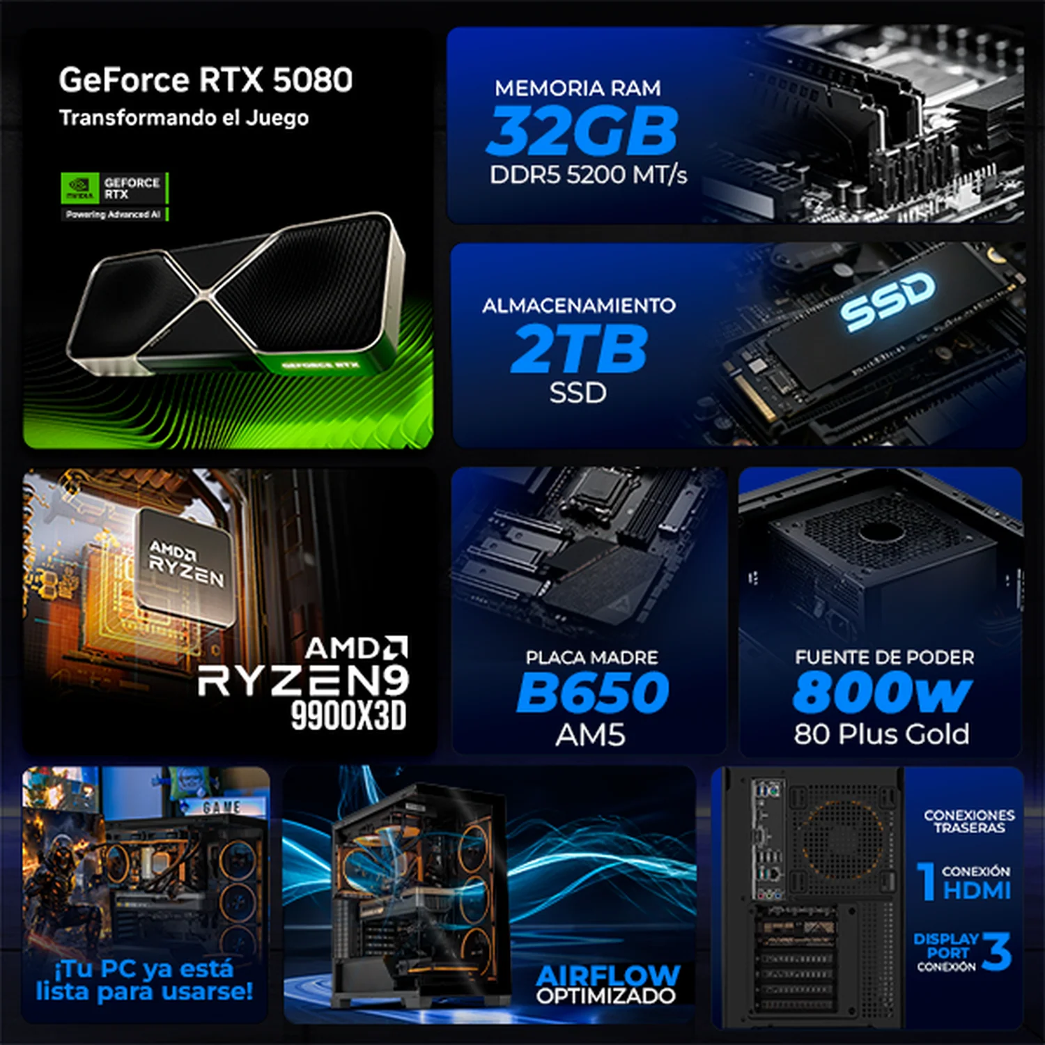 PC Gamer IA Xtreme PC Gaming NVIDIA GeForce RTX 5080 AMD Ryzen 9 9900X3D 32GB DDR5 SSD 2TB Sistema Liquido WIFI Black Productividad Profesional impulsada por IA Avanzada - Image 3