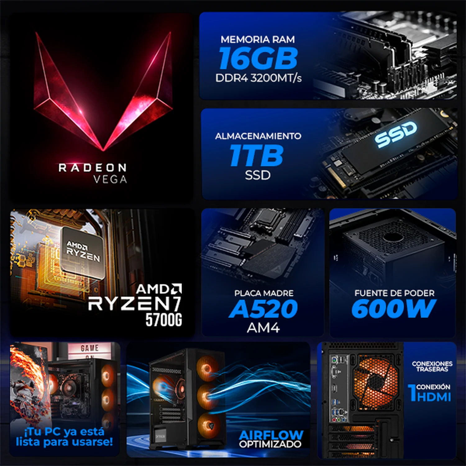 Computadora Escritorio Completa Xtreme PC Gaming MSI AMD Radeon Vega Renoir Ryzen 7 5700G 16GB SSD 1TB Monitor 24 120Hz WIFI Black rendimiento básico para juegos casuales, trabajo y estudio - Image 3