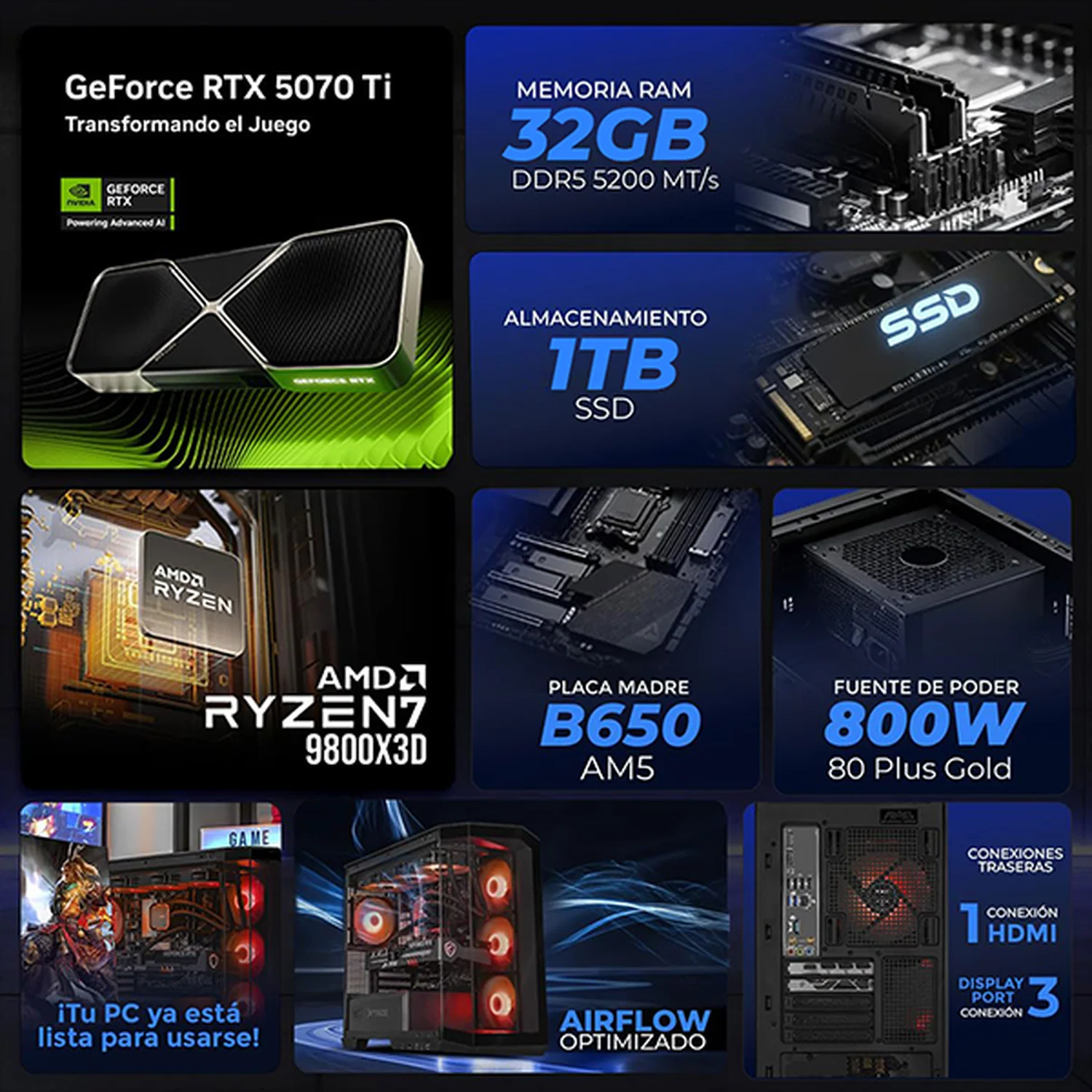 PC Gamer IA Xtreme PC Gaming MSI NVIDIA GeForce RTX 5070 Ti AMD Ryzen 7 9800X3D 32GB DDR5 SSD 1TB Sistema Liquido WIFI Black Alto Desempeño Creativo con IA Integrada - Image 3