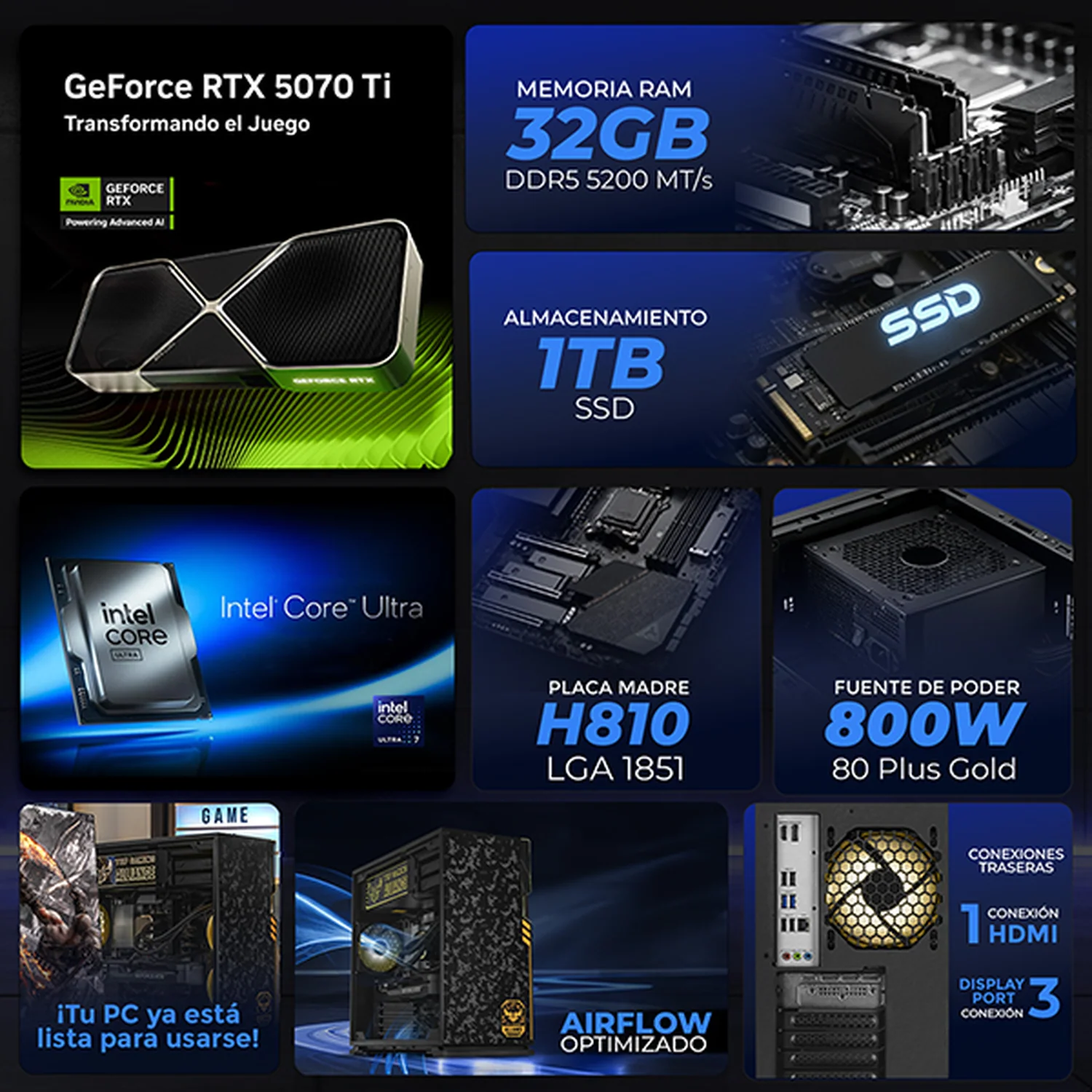 PC Gamer IA Advanced Xtreme PC Gaming TUF NVIDIA GeForce RTX 5070 Ti Intel Core Ultra 7 265KF 32GB DDR5 SSD 1TB Sistema Liquido WIFI Alto Desempeño Creativo con IA Integrada - Image 3